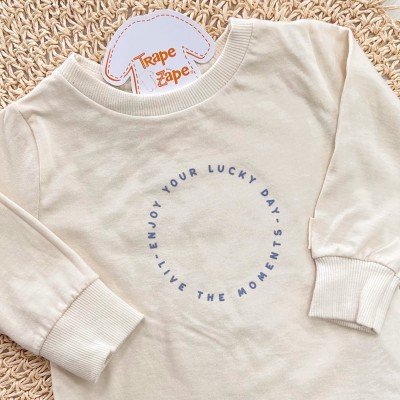 Conj. Blusa Manga Longa Enjoy Your Lucky e Calça em Moletinho - Creme e Azul Pastel